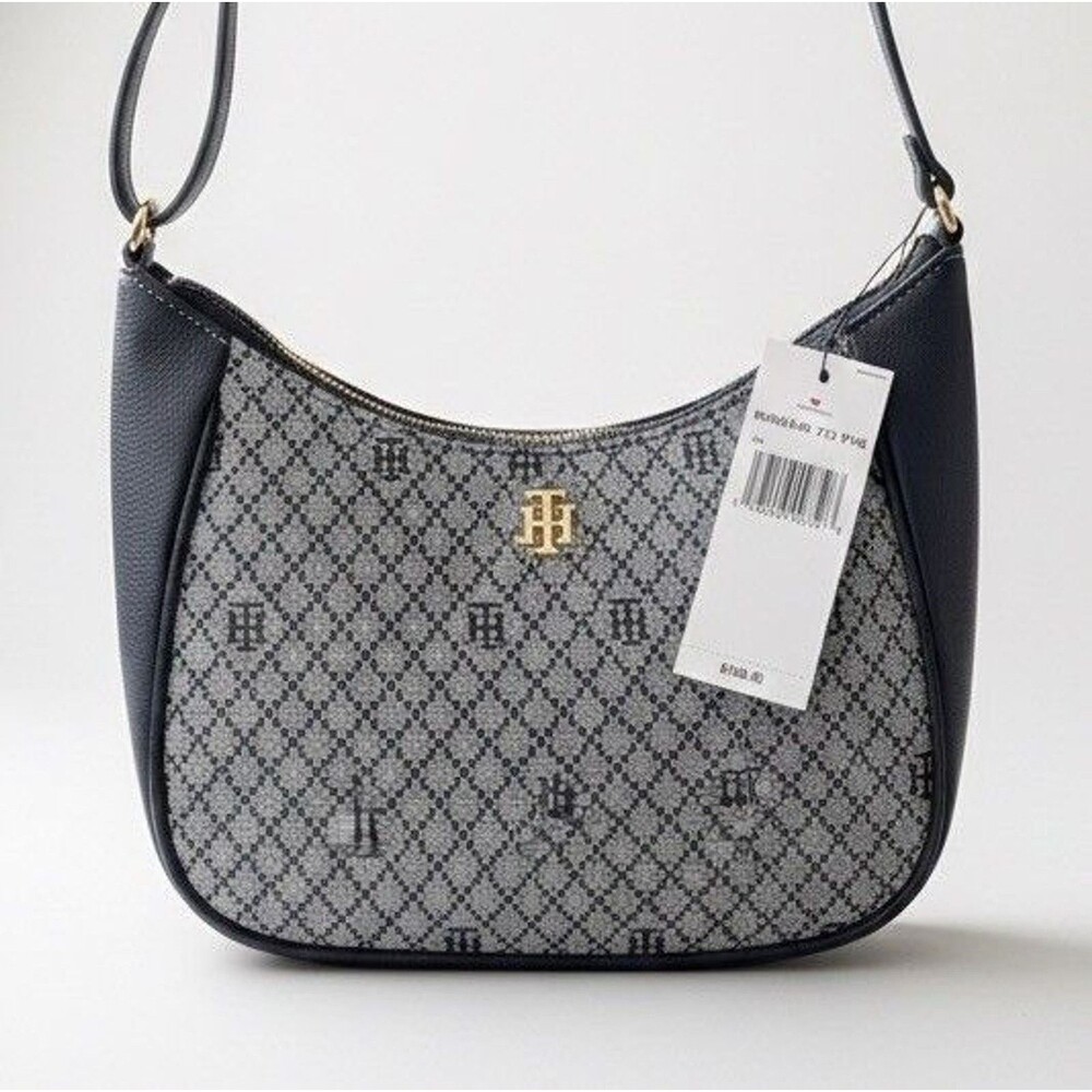 New TOMMY HILFIGER Navy purse Gold Metal TH Logo shoulder Handbag MSRP $108
